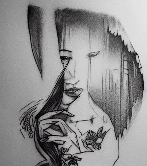 Image similar to tattoo design sketch of an extremely beautiful woman with a background of beautiful mountains on the side, hyper - realistic, double exposure effect, in the style of den yakovlev, amazing detail, black and white, faded