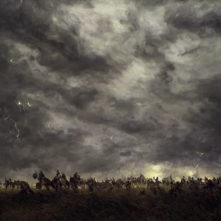 Prompt: medium shot, low-angle, painting of wild hunt in the sky, ghostly riders, dark clouds, rain, lightning, night, beautiful, dark academia aesthetic, magic vibes, soft lighting, by George Roux, by Monet, by oil on canvas, Royal Academy, masterpiece, trending on artstation, cinematic composition, dramatic pose, beautiful lighting, sharp, details, hyper-detailed, HD