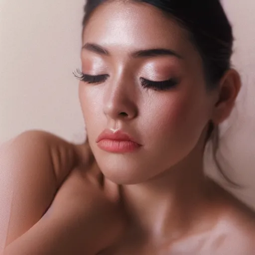 Image similar to Portrait photo of model Raquel Juarez posed in profile, eyes closed, natural makeup, studio lighting, highly detailed, cinestill 800t