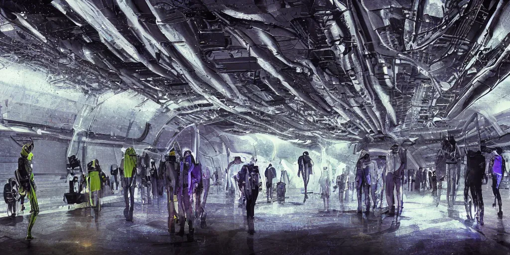 Image similar to sci - fi alien squad in wet cloaks, infiltrating on the ceiling of the mega - structure facility at midnight storm, lightning, digital art