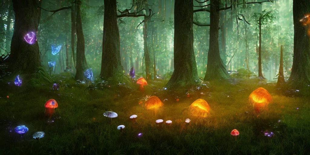 Prompt: the magical and mystical forest of vanaheim, scandinavian / norse influenced with magic mushrooms and glowing fireflies, cinematic, ray traced, octane render, cinematic lighting, ultrarealistic, featured on artstation, 8 k uhd artwork