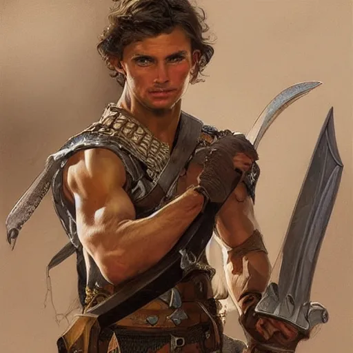 Image similar to portrait of a young rugged ranger holding his longsword up, hands, muscular, upper body, D&D, fantasy, intricate, elegant, highly detailed, digital painting, artstation, concept art, smooth, sharp focus, illustration, art by Artgerm and Greg Rutkowski and Alphonse Mucha