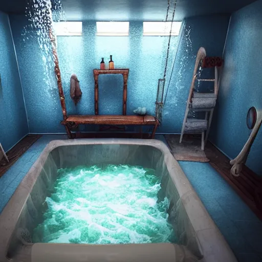 Prompt: in a bathroom looking down at a bath tub full of water with a pirate ship battle in the tub, highly detailed, cinematic lighting, render, fantasy