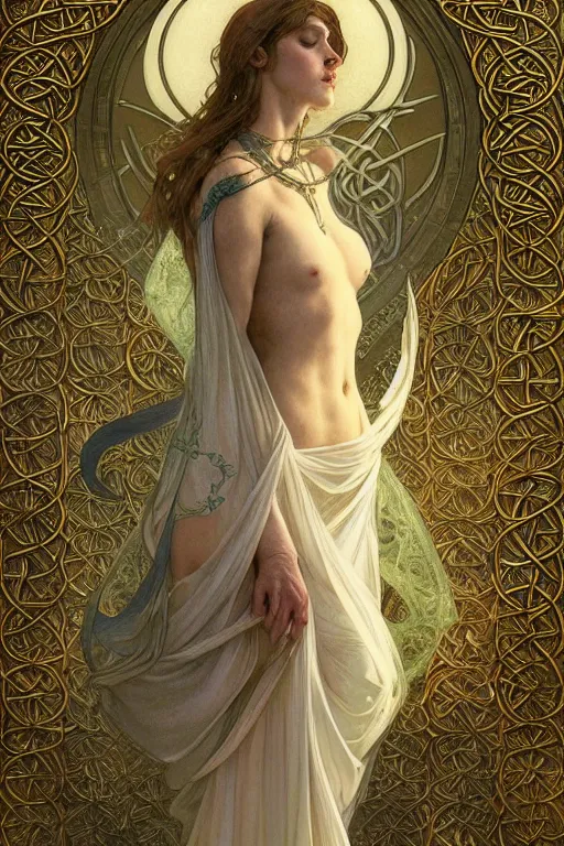 Image similar to a full body portrait of a beautiful ethereal delicate celtic mage queen meditative sacral pose catholic stages of the cross, intricate, elegant, highly detailed, digital painting, artstation, concept art, smooth, sharp focus, illustration, art by krenz cushart and artem demura and alphonse mucha