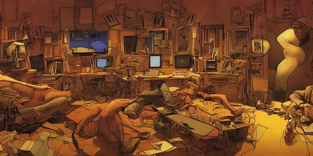 Prompt: writer's room, many screens, incredibly creative atmosphere, cameras, cinema, cinematic illustration by moebius, masterpiece