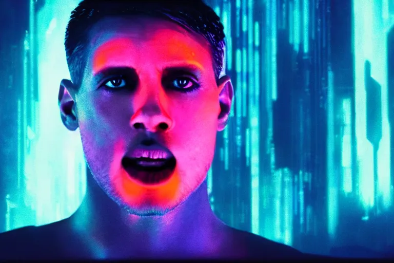 Prompt: a large digital hologram of a screaming face suspended in the air, photography by fred palacio medium full shot still from bladerunner 2 0 4 9, sci fi, bladerunner, canon eos r 3, f / 3, iso 2 0 0, 1 / 1 6 0 s, 8 k, raw, unedited