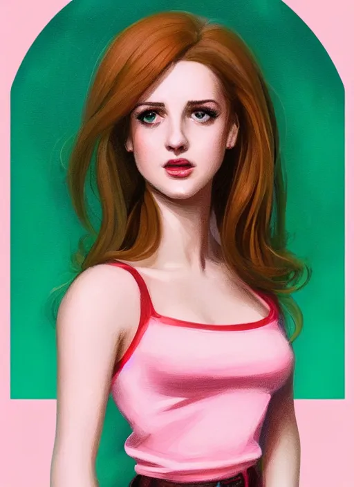 Image similar to full body portrait of teenage cheryl blossom, bangs, green eyes, sultry expression, red hair, sultry smirk, bangs and wavy hair, pink skirt, bangs, intricate, elegant, glowing lights, highly detailed, digital painting, artstation, concept art, smooth, sharp focus, illustration, art by wlop, mars ravelo and greg rutkowski