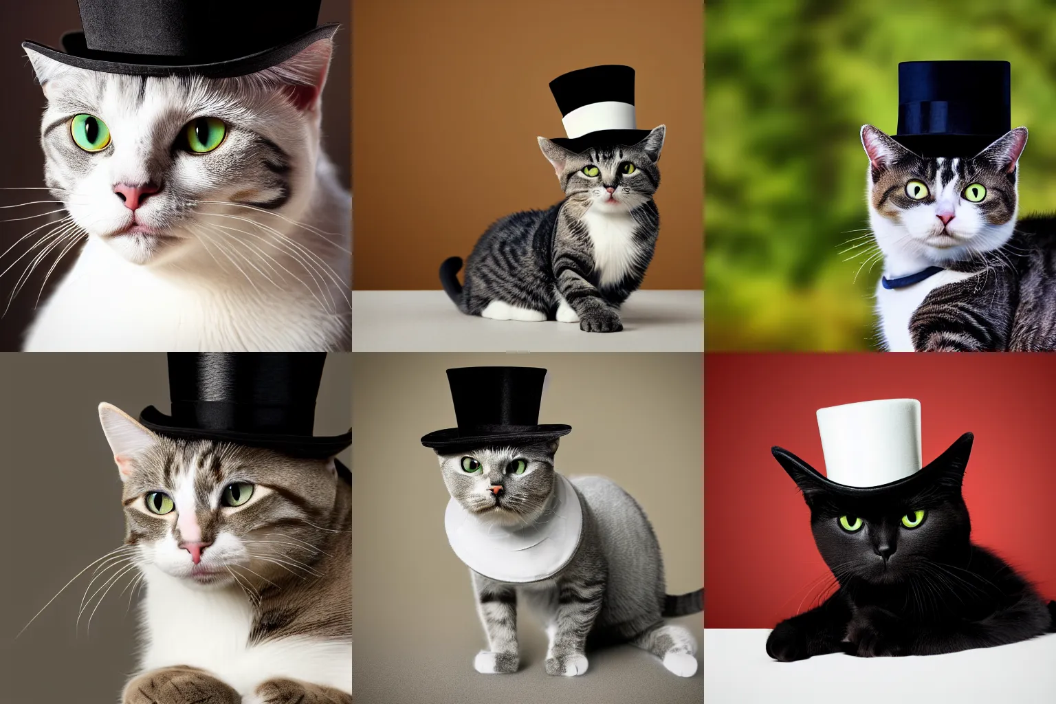 Prompt: Cat wearing a top hat, photograph, realistic high quality 4k