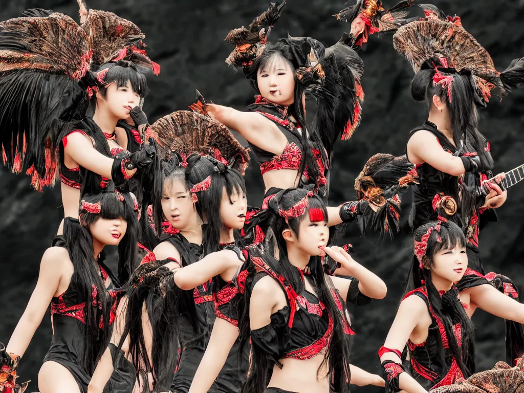 Image similar to babymetal 3 beautiful members performing on a tropical beach beautiful scenery, highly detail face, dynamic pose, High Definition detail, 8K, photography