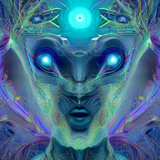 Prompt: Face of a Alien Deity, centered, corals, plume made of geometry, extremly detailed digital painting, sharp focus in the style of android jones, artwork of a futuristic artificial intelligence superstar with frames made of detailed circuits, mystical colors, rim light, beautiful lighting, 8k, stunning scene, raytracing, octane, under water visual distortion, dark tones colors, holographic feeling, trending on artstation