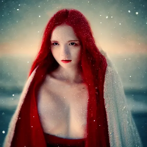 Image similar to winter night, snow, beautiful red haired pale woman wearing bikini top and long cloak, diamond necklace, long hair, symmetric face, single face, full body, photography, octane render, cinematic, 3 0 mm