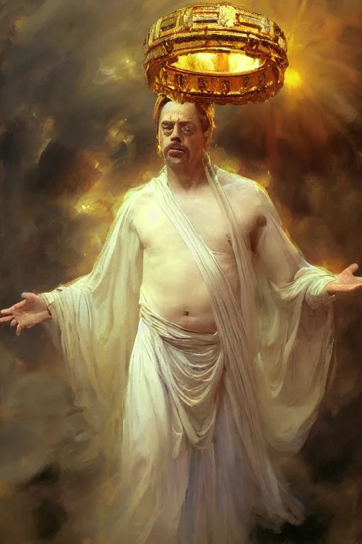 Image similar to beautiful impressionistic oil painting portrait of ancient roman god emperor steve buscemi ascending wearing the civic crown levitating in religious pose, art by anders zorn, wonderful masterpiece by greg rutkowski, expressive brush strokes, beautiful cinematic light, american romanticism by greg manchess, jessica rossier