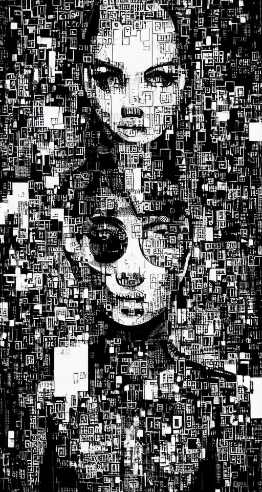 Prompt: cypherpunk fashion illustration, camera face, black and white, city street background with high tall buildings, abstract portrait highly detailed, finely detailed