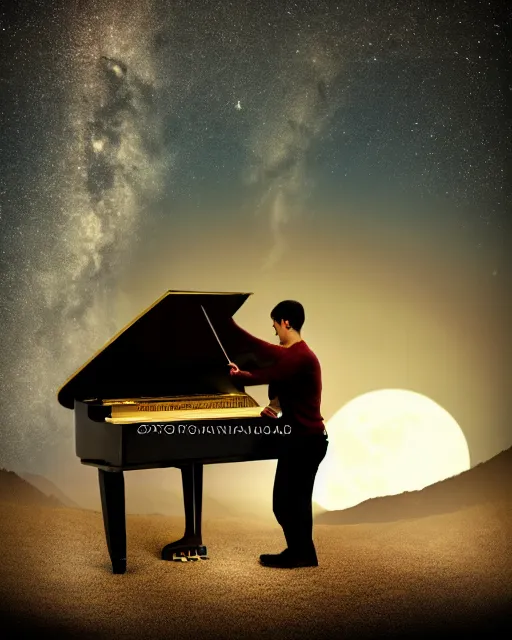 Image similar to handsome man playing a piano in the moonlight on a mountain, photorealistic, atmospheric 50mm lens