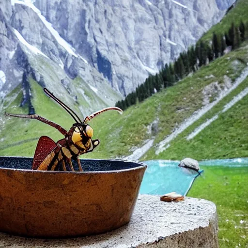 Image similar to dragonfly in a bathtub in the alps, big ibex!! in the background