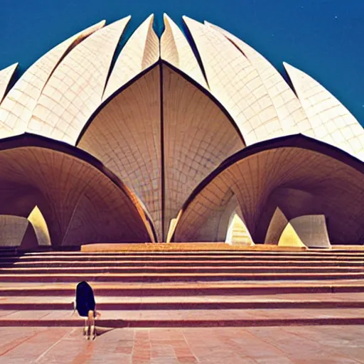 Image similar to interior of a futuristic lotus temple with gold, red and white marble panels, in the desert, by buckminster fuller and syd mead, intricate contemporary architecture, photo journalism, photography, cinematic, national geographic photoshoot