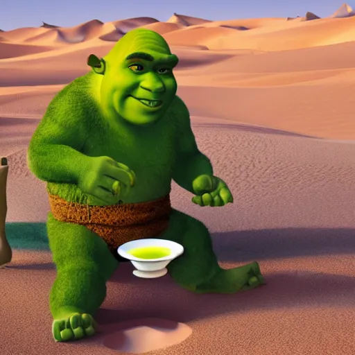 Prompt: Shrek drinking moroccan tea in the desert