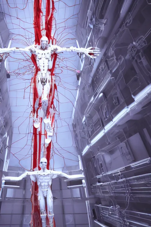 Image similar to white space station interior, white cross, a statue jesus on cross made of red marble, perfect symmetrical body, full body shot, inflateble shapes, wires, tubes, veins, jellyfish, white biomechanical details, wearing epic bionic cyborg implants, masterpiece, intricate, biopunk, vogue, highly detailed, artstation, concept art, cyberpunk, octane render