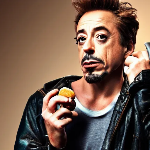 Prompt: Robert Downy Jr. eating a donut, 4k