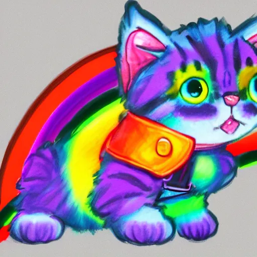 Image similar to wide angle full body, of a fluffy cute rainbow kitten wearing a black motorcycle jacket, concept art