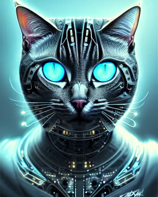 Image similar to A cyborg cat, highly detailed, intricate robotic and electronic patterns, sharp focus, art by Artgerm and Greg Rutkowski and WLOP