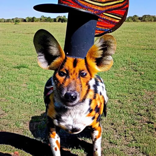 Image similar to A photo of the world's greatest sheriff: an african painted dog wearing a sombrero!