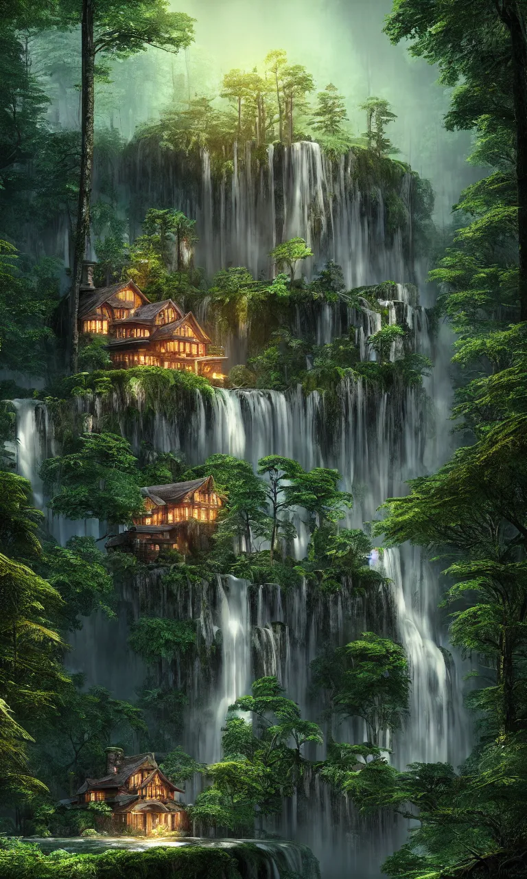 Image similar to beautiful big house in the forest, a big waterfall flows down from the mountain, octane render, fabulous, hyper detailed, random cinematic view, no noise, global illumination, warm lighting, volumetric, godrays, vivid, beautiful, by jordan grimmer