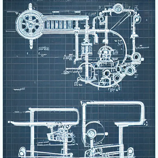 Prompt: a very detailed technically accurate blueprint of futuristic machinery, highly detailed