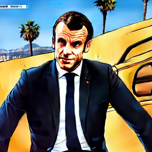 Image similar to emmanuel macron in a gta v cover art by stephen bliss