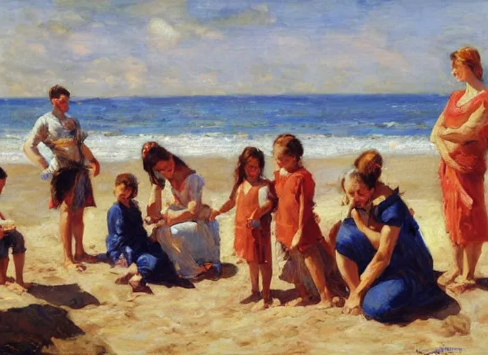 Prompt: a highly detailed beautiful family portrait of a roman family at the beach, by gregory manchess, james gurney, james jean