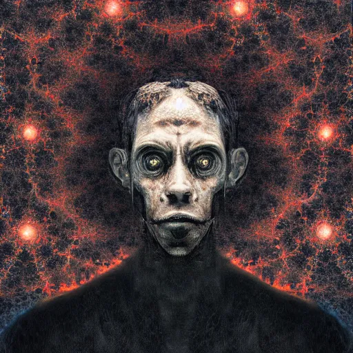 Prompt: dramatic matte portrait painting of man with black mandelbrot fractal instead of face, horror, body horror, dark art,