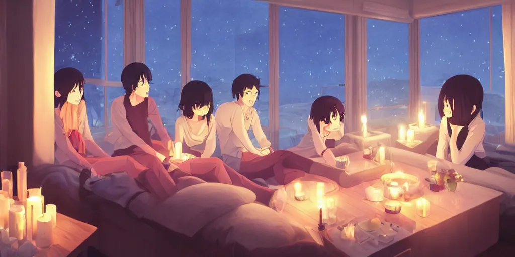 Image similar to a cozy party at midnight, modern indoors, bay area, candles, hot tub, friendship, art by makoto shinkai