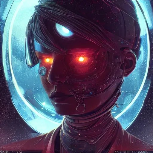 Image similar to it isn't all bad. darkness is where the stars are, set in the future 2 1 5 0, highly detailed face, very intricate, symmetrical, cinematic lighting, award - winning, painted by mandy jurgens, pan futurism, dystopian, bold colors, dark vibes, cyberpunk, groovy vibe, anime aesthetic, featured on artstation