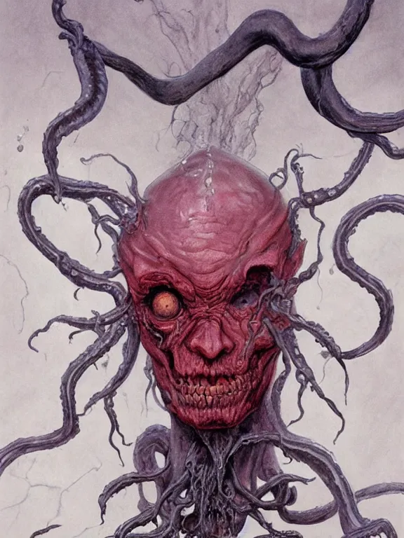 Image similar to painting by wayne barlowe of a flying sorrowful looking severed human head with tears running down it's eyes, face that is chalk white in color, with long sprawling white tentacles stemming down it's neck, fiery scorching red eyes, flying in a terrying hellish dark cavernous place