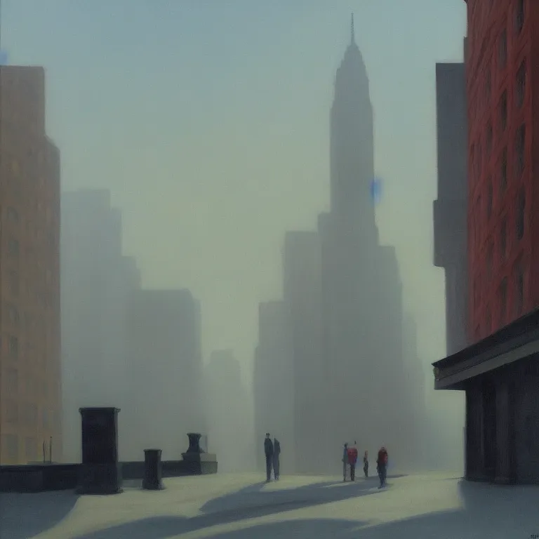 Image similar to city fog, early morning, painted by Edward Hopper, painted by Wayne Barlow, airbrush