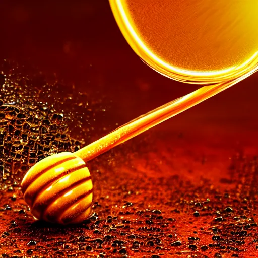 Image similar to honey dipper!!, dripping honey, onto the planet earth!! highly detailed, dynamic shadows, 4 k, wallpaper, professional photo, caustics