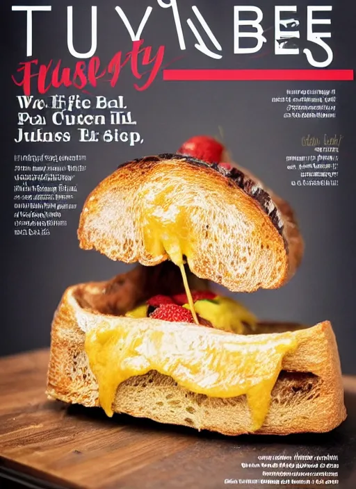 Image similar to tubby toast featured in a culinary magazine, professional photo, with text, featured article