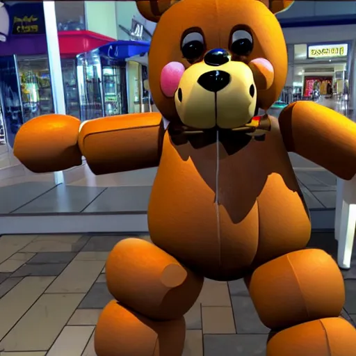 Image similar to Freddy Fazbear in a mall holding multiple bags, photorealistic, low-angle, 3D, 8K, as coherent as Dall-E 2