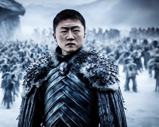 Image similar to justin sun as night king in game of thrones attacked by crimson - black bees, 4 k, epic, cinematic, focus, movie still, fantasy, extreme detail, atmospheric, dark colour, sharp focus