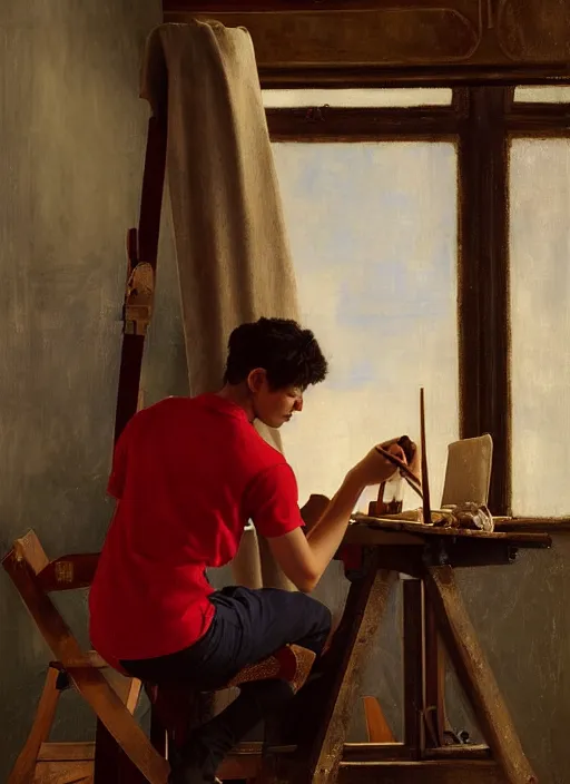 Prompt: a young painter in his studio painting a picture of a red pokemon, by edgar maxence and caravaggio and michael whelan and delacroix style, artistic, intricate drawing, cinematic lighting, hyper realistic, extremely detailed, establishing shot, 8 k resolution, dramatic lighting