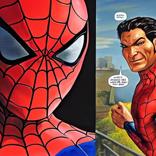 Image similar to cory feldman as spider - man, unmasked, battle - damaged, facing off against hobgoblin, alex ross painting