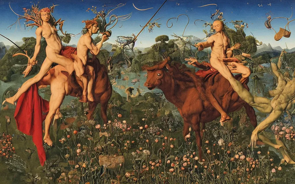 Image similar to a portrait photograph of a meditating satyr and a centaur monk riding a rocket machine and hunting at a river delta. surrounded by bulbous flowers and trees. mountain range under a blue sky of fiery stars. by jan van eyck, max ernst, ernst haeckel, ernst fuchs and artgerm, cgsociety, fashion editorial, 8 k