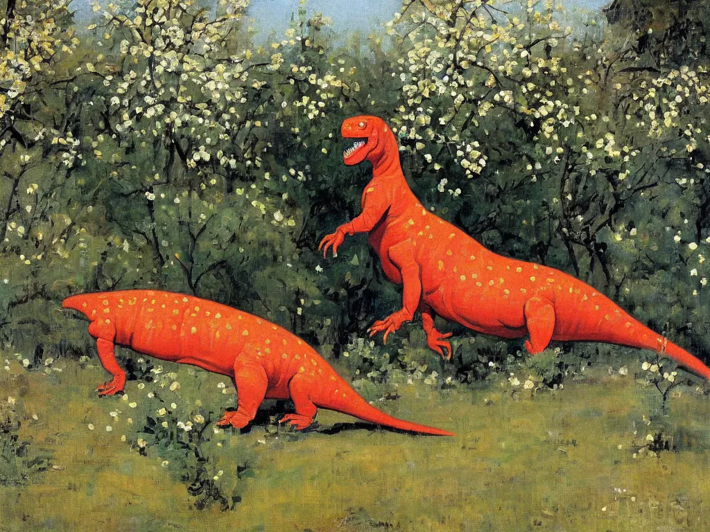 Prompt: portrait of a lady dinosaur in spring, painting by stanhope forbes, oil on canvas