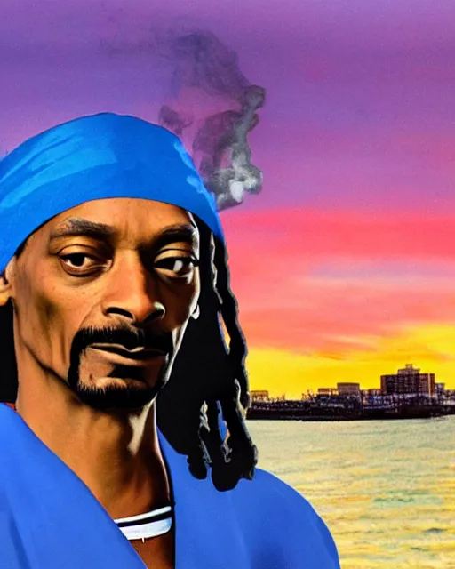 Prompt: snoop Dogg dressed as The girl with the pearl earring, smoking, Long Beach background, sunset