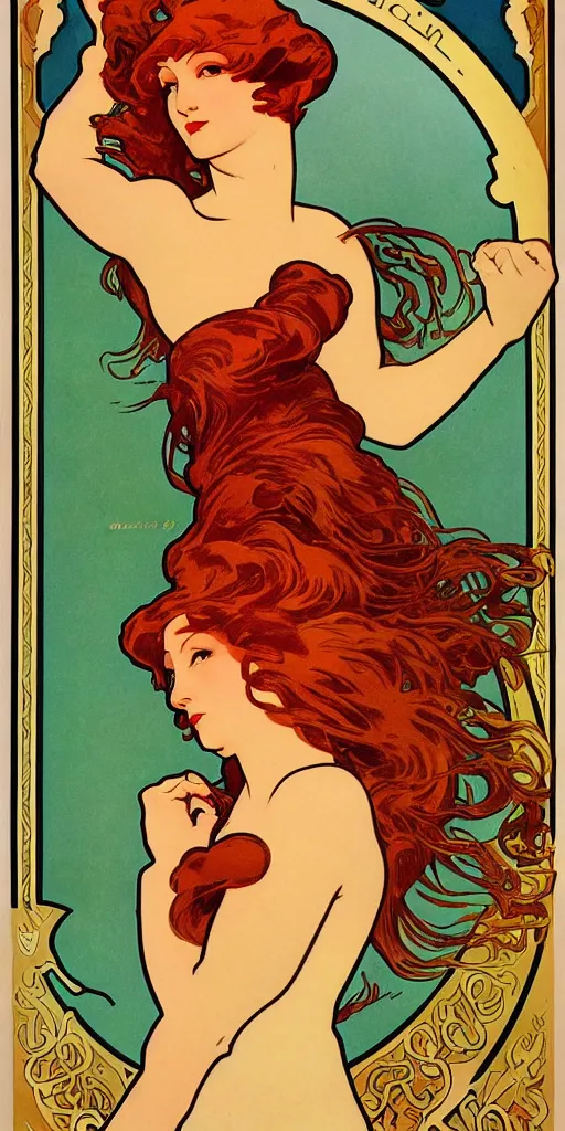 Image similar to redhead woman poster style by designer Maurice Pillard-Verneuil, alphonse mucha, maxfield parrish