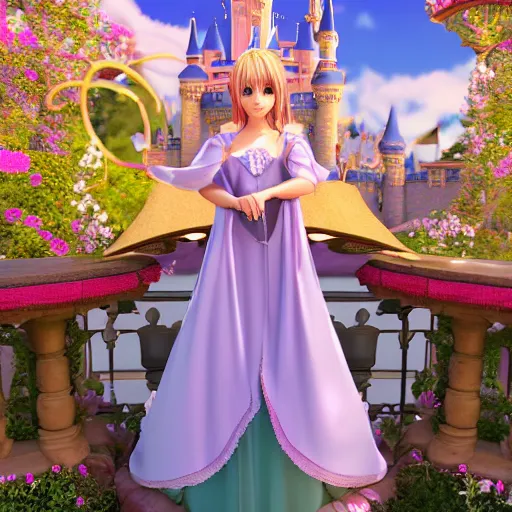 Image similar to a pleasant, beautiful, funny, smooth 3D CG render, semirealistic anime style, a noble priestess magician princess girl wearing dress and jewelry, in a glorious magic kingdom with castle and walls, relaxing calm vibes, fairytale, octane render