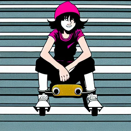 Prompt: skater girl sitting on steps by scott pilgrim, by bryan lee o'malley