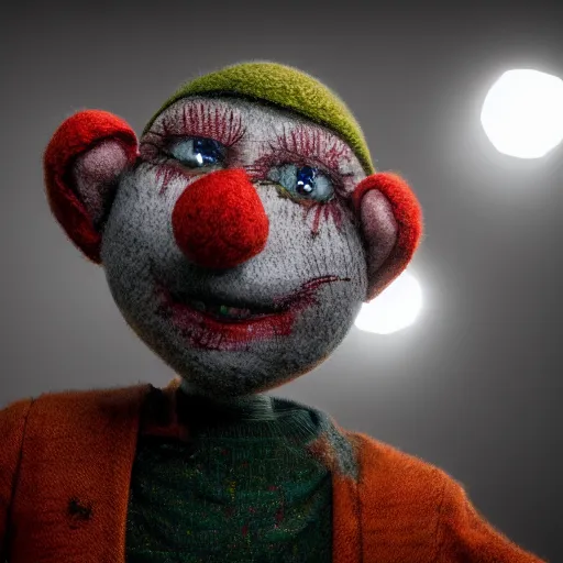 Image similar to woollen sock puppet from hell, missing an ear, big bobbly eyes, octane render, volumetric lighting, smokey atmosphere, rim lighting, glow lights, sharp focus, clear focus, soft shadows, highly intricate, hdr, creepy, clown vibes, textures, 8 k, 4 k, cinematic pose, trending on artstation, deviantart, award winning, contest entry