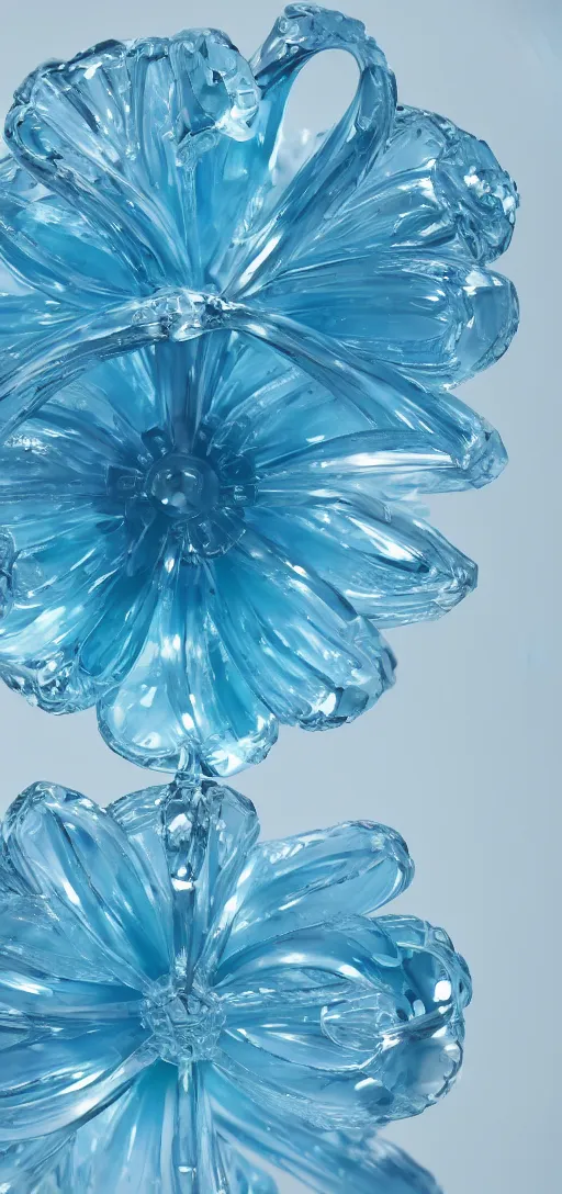 Image similar to portait crystal baby blue flower, octane render uhd, filmic lighting, cinematic art shot, hyperrealistic, hyperdetailed, super detailed, 8 k, high resolution, 8 k uhd, mega high white mountain, midnight