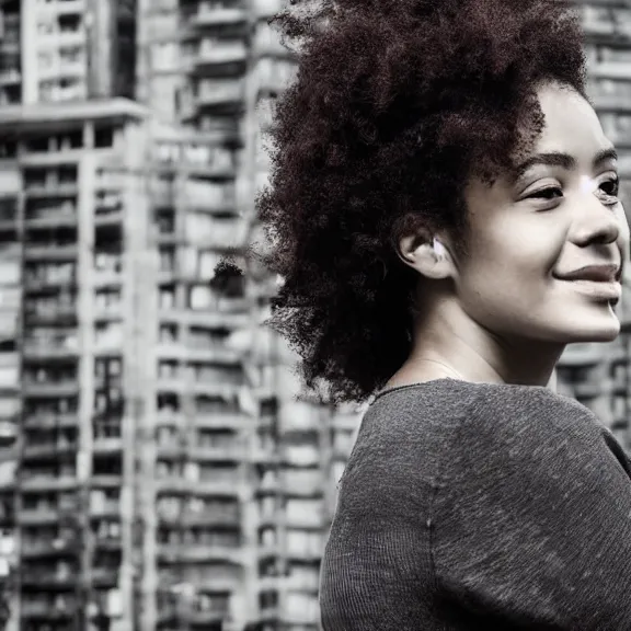 Image similar to portrait of 2 5 - year - old woman godess with angle 1 0 0 ° centred looking away fresh air, strong spirit and look happy, background city blured futuristic